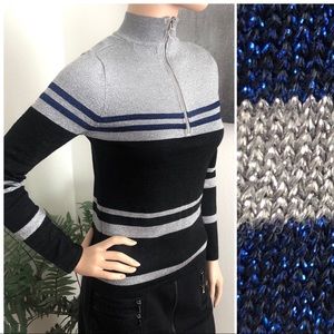 Guess by Marciano Sparkly Metallic Striped Mock Neck Sweater